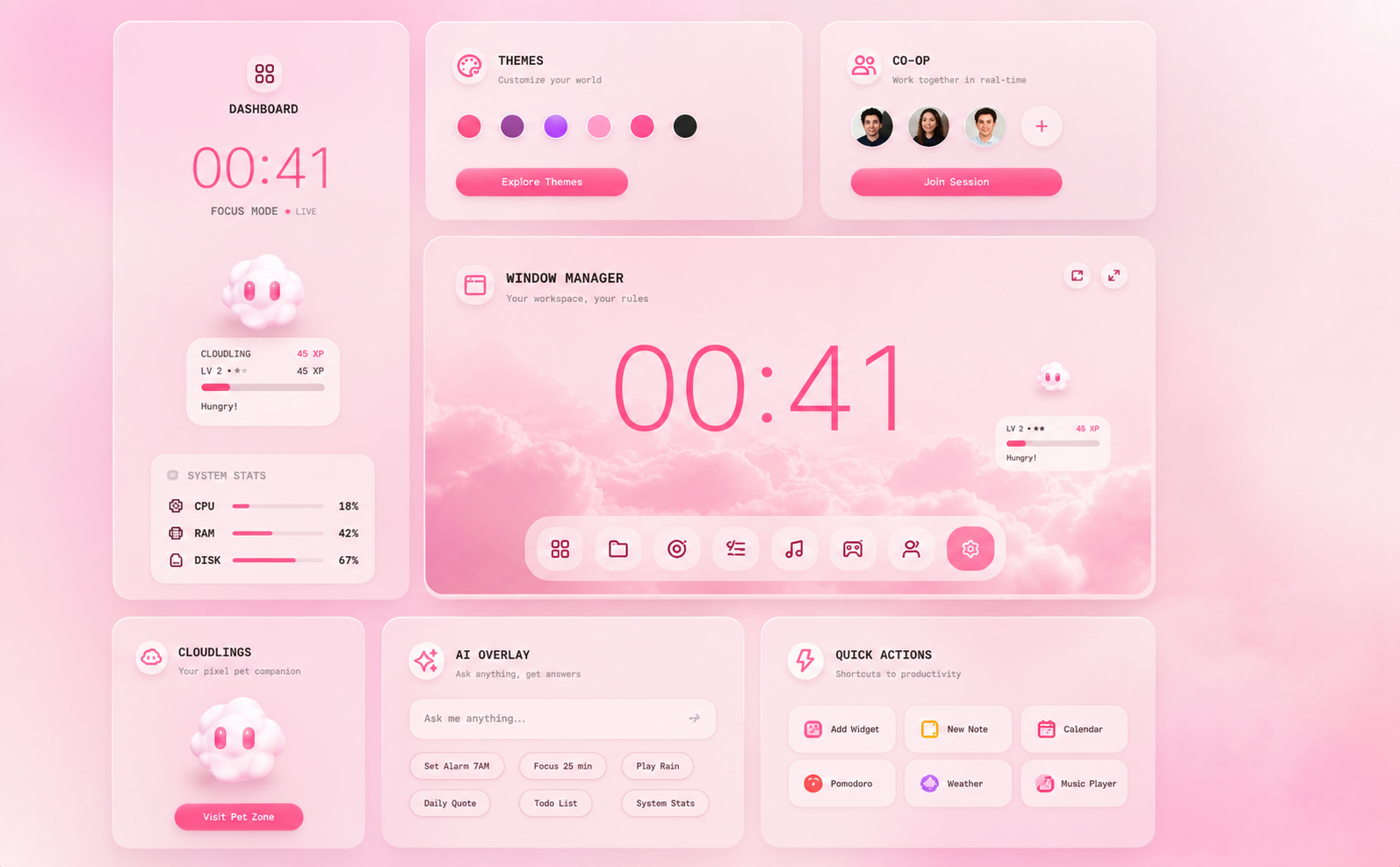 Noises UI Dashboard — Window Manager, Themes, Co-op, Cloudlings, AI Overlay